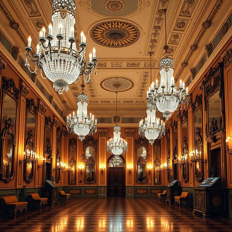 Elegante salón de baile en Madrid con candelabros de cristal, espejos antiguos y detalles decorativos clásicos.