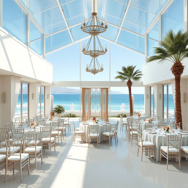 Espacio de eventos moderno en la playa de Valencia con vistas al mar Mediterráneo y decoración de estilo náutico.