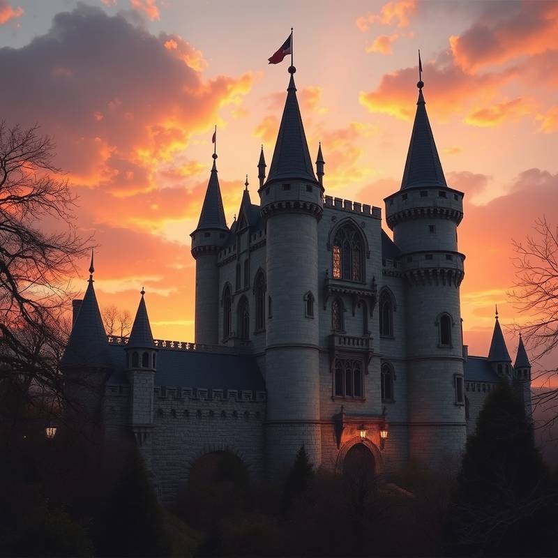 Exterior de un castillo medieval iluminado al atardecer, ideal para bodas y eventos históricos.