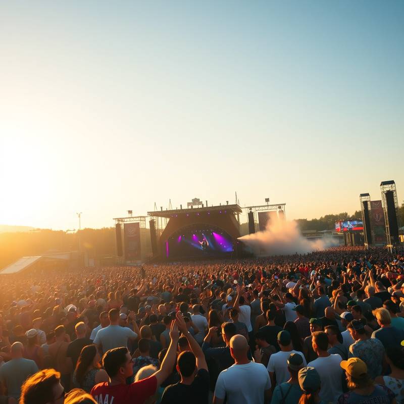 Fotografía de un festival de música al aire libre con miles de personas disfrutando de la música.