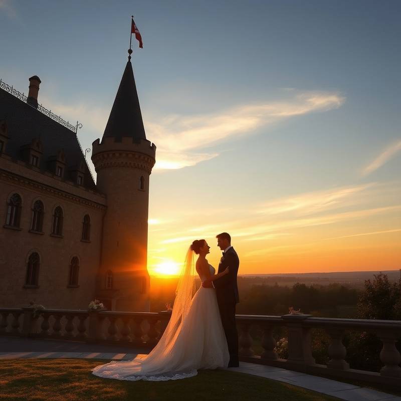 Fotografía de una boda celebrada en un castillo iluminado al atardecer.