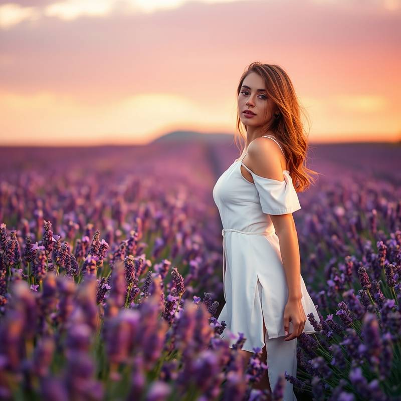 Fotografía de una modelo posando en un campo de lavanda al atardecer.