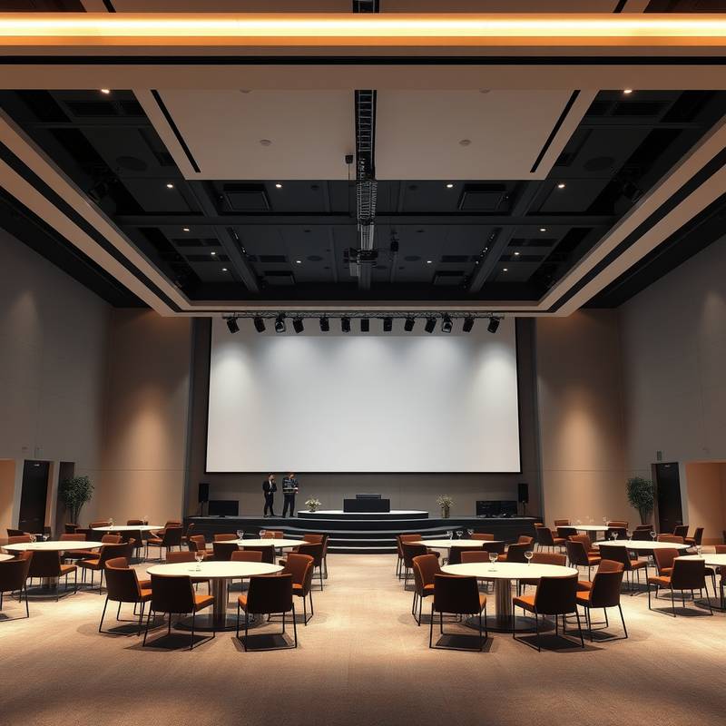 Fotografía del interior de un espacio de eventos corporativos moderno con decoración minimalista.