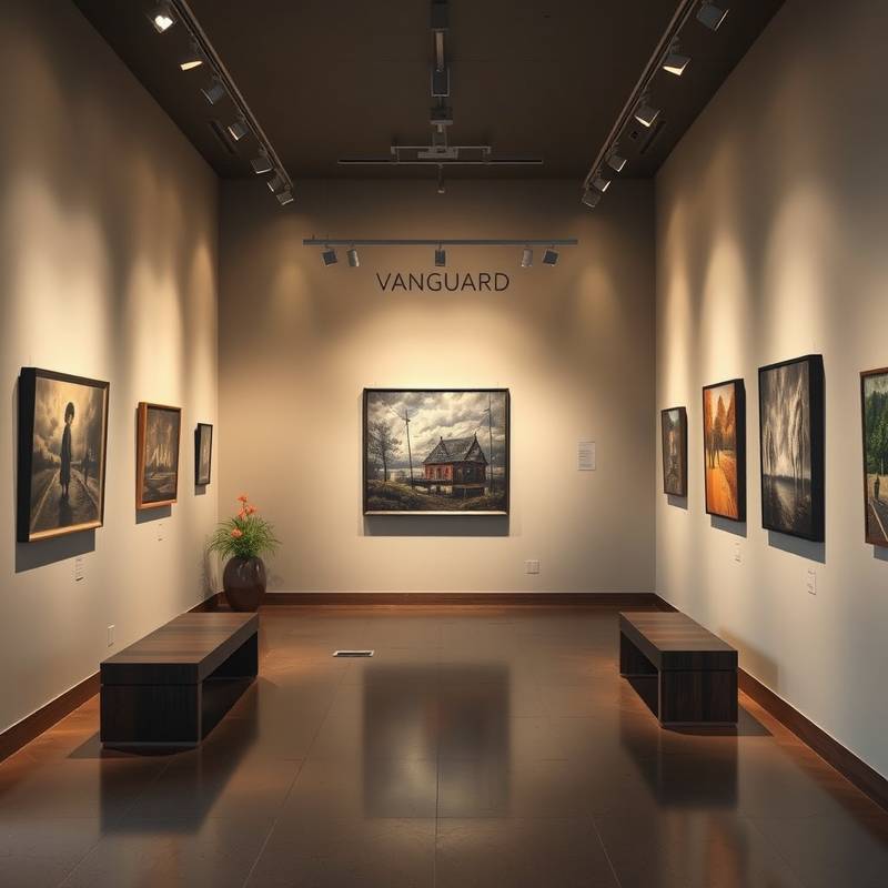 Fotografía del interior de una galería de arte vanguardista con obras de arte contemporáneo.
