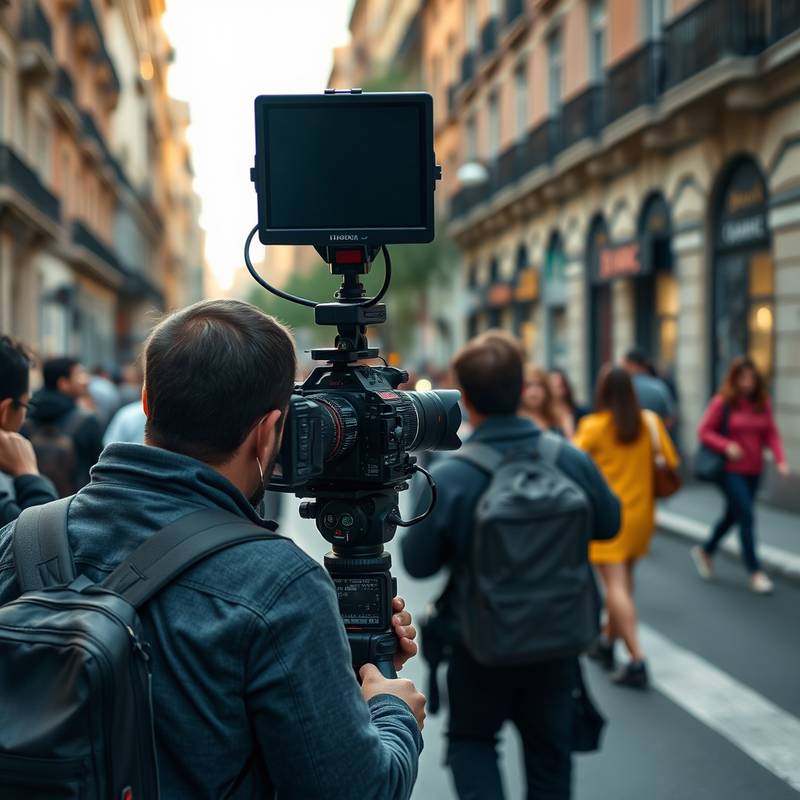 Imagen de un equipo de rodaje filmando una escena en una calle concurrida de Madrid.