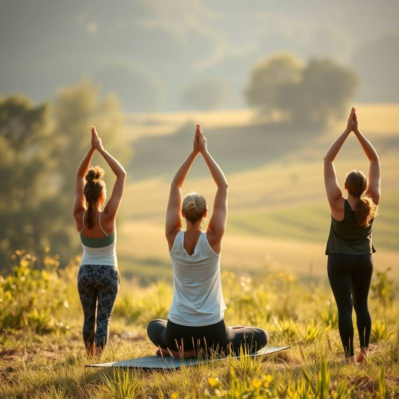 Imagen de un grupo de personas practicando yoga en un entorno rural tranquilo.