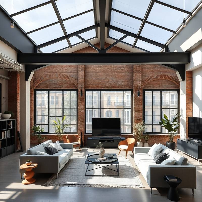 Interior de un moderno loft industrial en Barcelona con grandes ventanales y muebles de diseño minimalista.