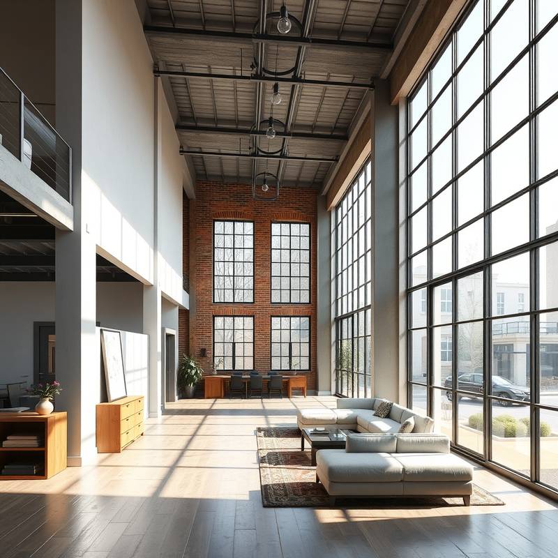Interior moderno de un loft industrial con grandes ventanas y luz natural, adecuado para rodajes y sesiones de fotos.