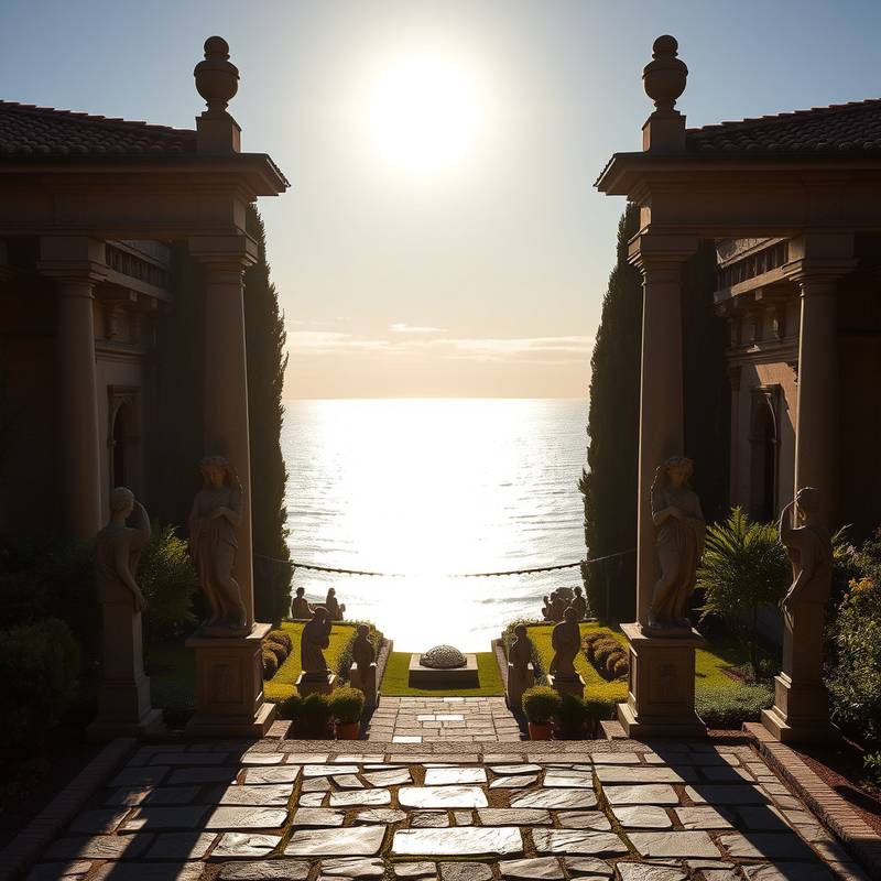Pazo gallego con jardines formales, estatuas de piedra y vistas al océano Atlántico, durante un día soleado.