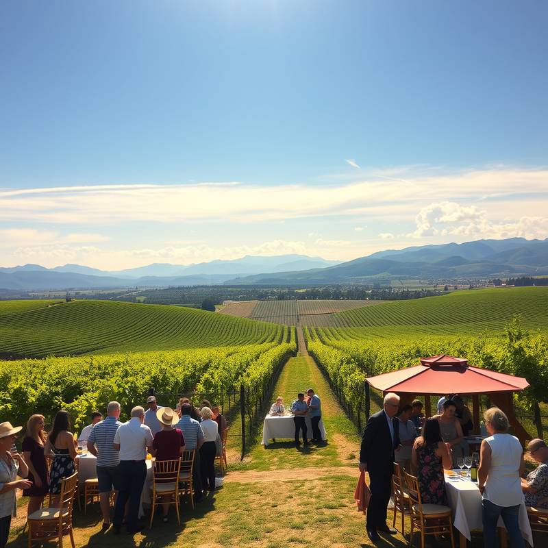 Viñedo extenso con montañas al fondo, propicio para eventos al aire libre y degustaciones de vino.